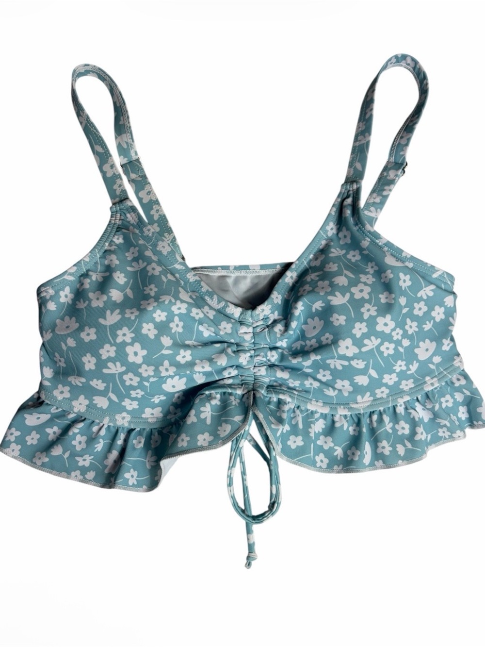 Pastel blue with white flowers drawstring ruffle bikini top size M